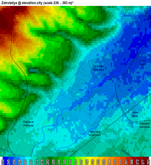 Zahvizdya elevation map