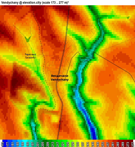 Vendychany elevation map