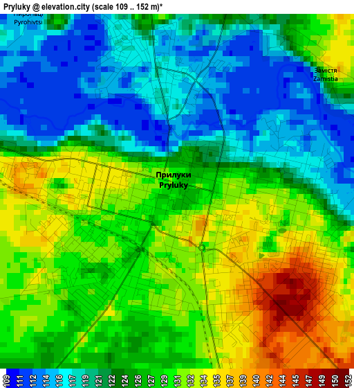 Pryluky elevation map