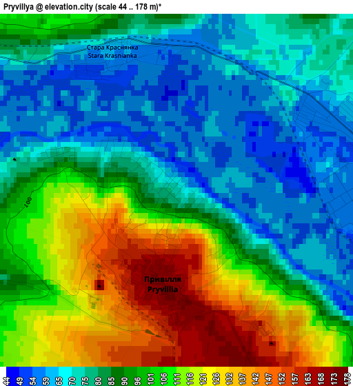 Pryvillya elevation map