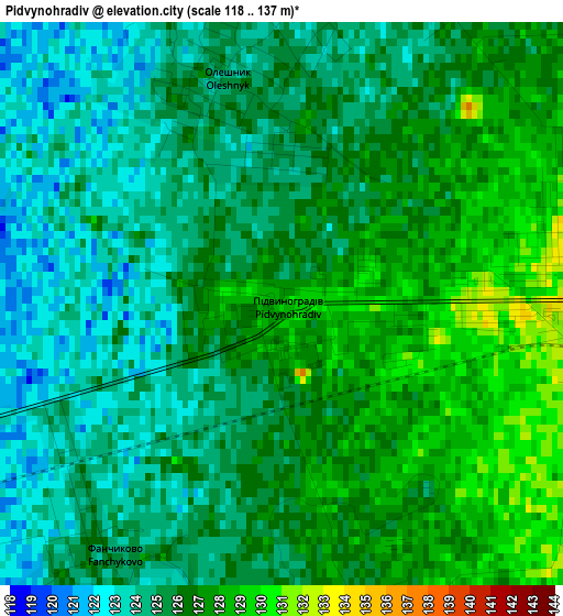 Pidvynohradiv elevation map