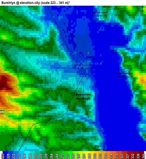 Burshtyn elevation map