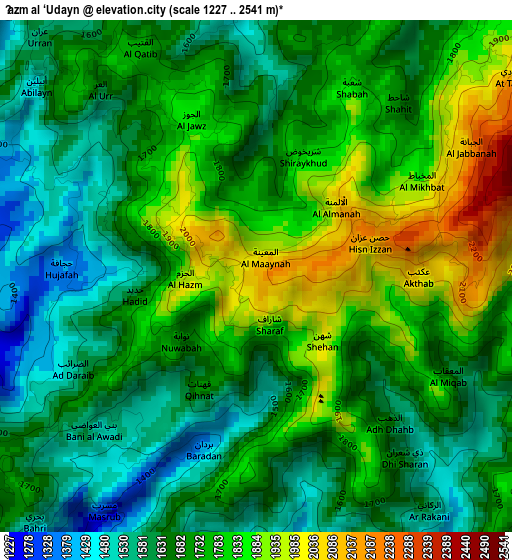 Ḩazm al ‘Udayn elevation map