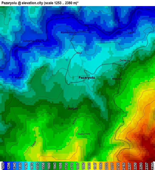 Pazaryolu elevation map