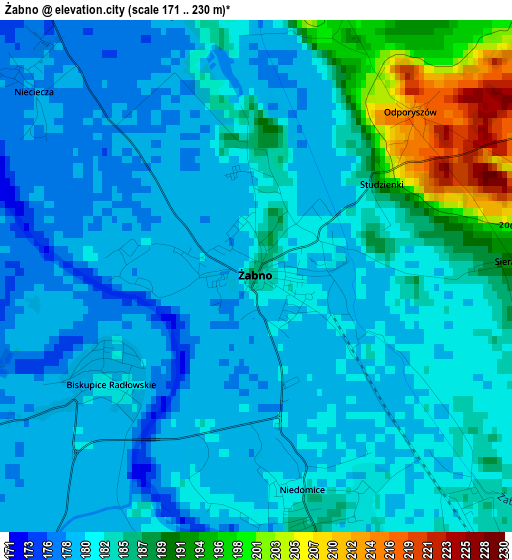 Żabno elevation map