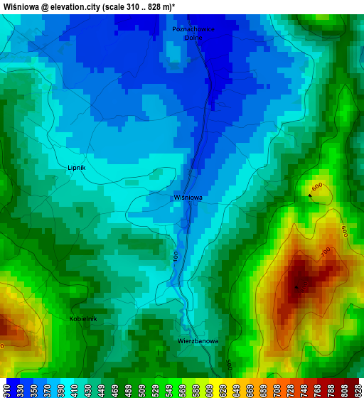 Wiśniowa elevation map