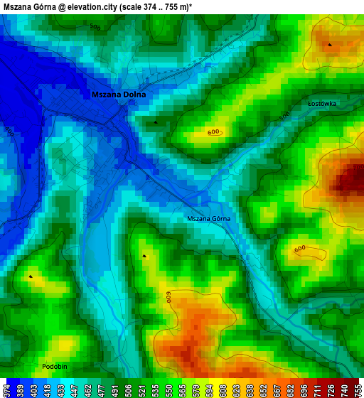 Mszana Górna elevation map