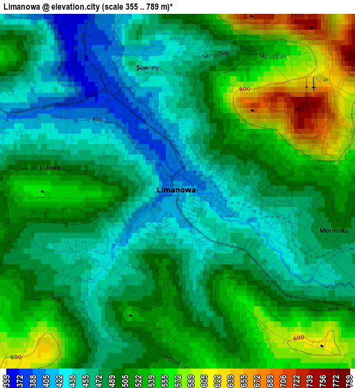 Limanowa elevation map