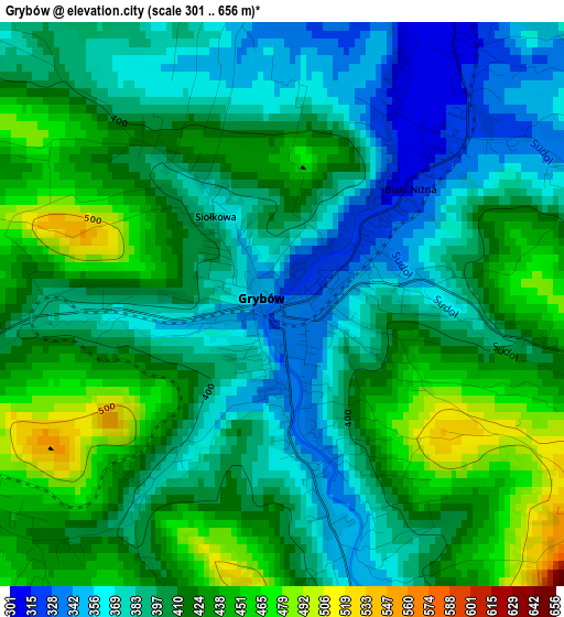 Grybów elevation map