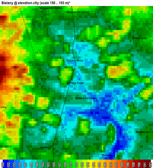 Bielany elevation map