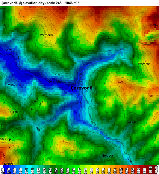 Çorovodë elevation map