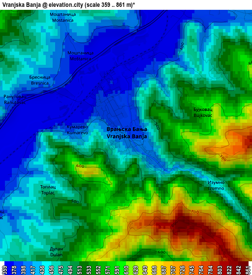 Vranjska Banja elevation map