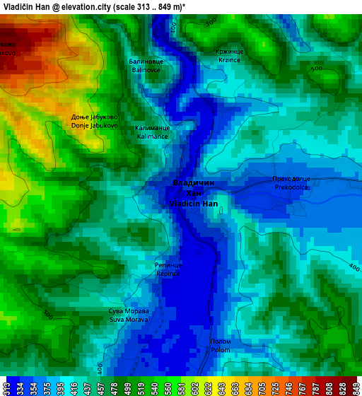 Vladičin Han elevation map