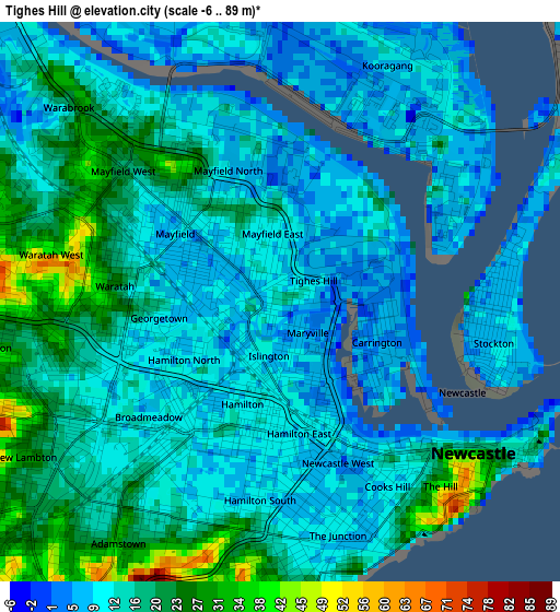 Tighes Hill elevation map