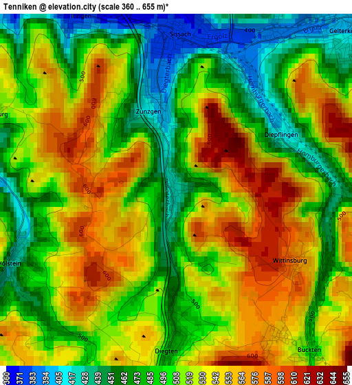 Tenniken elevation map