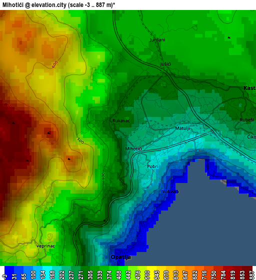 Mihotići elevation map