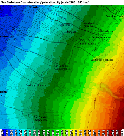 San Bartolomé Cuahuixmatlac elevation map