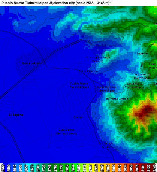 Pueblo Nuevo Tlalmimilolpan elevation map