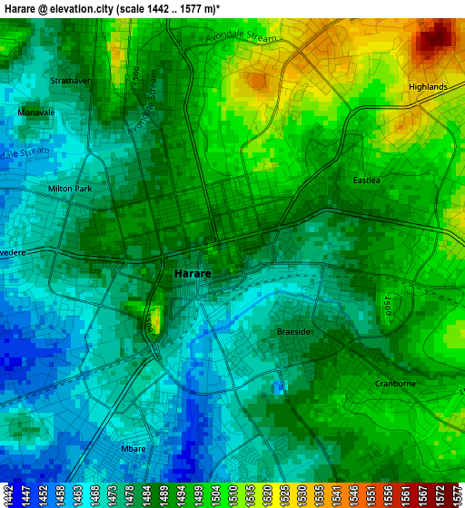 Harare elevation map