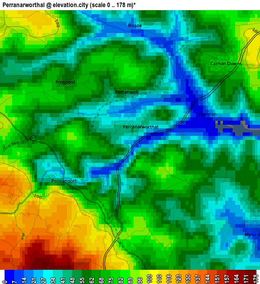 Perranarworthal elevation map