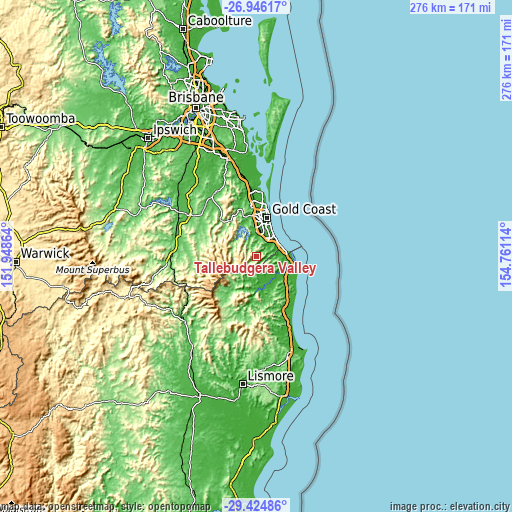 Topographic map of Tallebudgera Valley