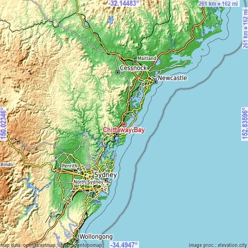 Topographic map of Chittaway Bay