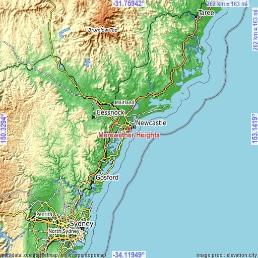 Topographic map of Merewether Heights