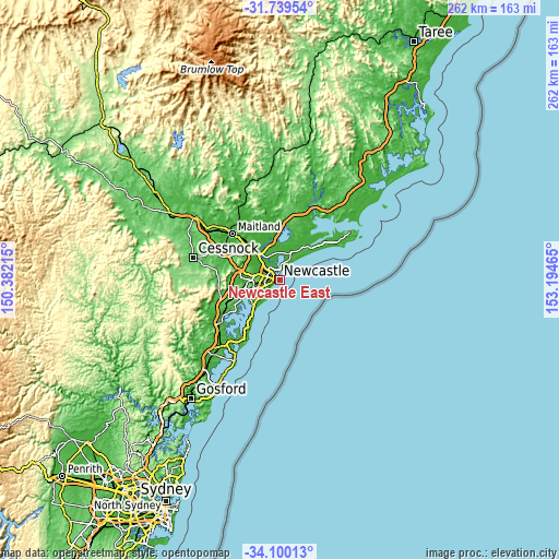 Topographic map of Newcastle East