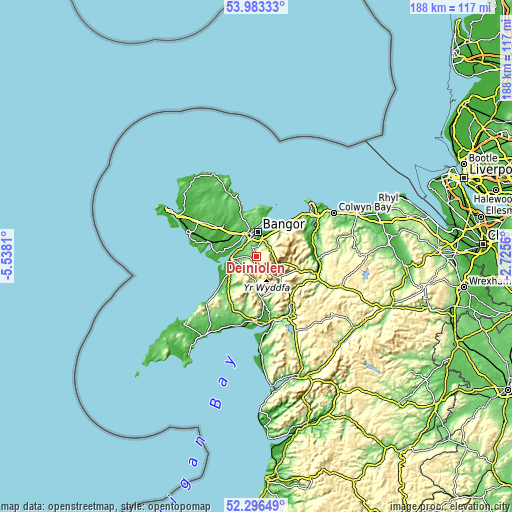 Topographic map of Deiniolen