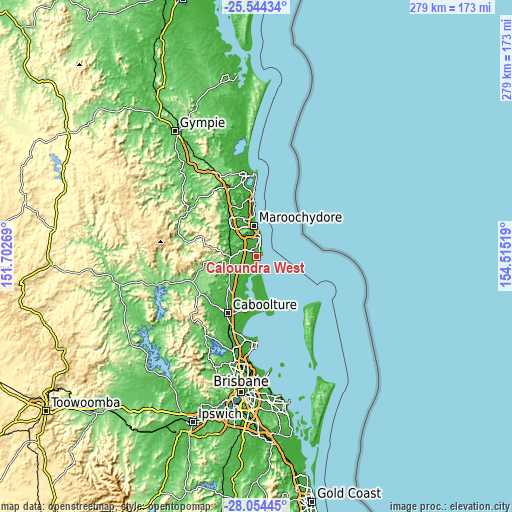 Topographic map of Caloundra West