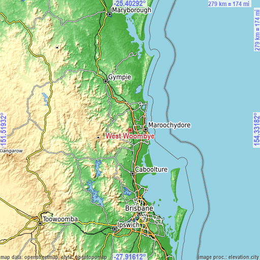 Topographic map of West Woombye