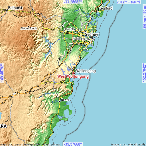 Topographic map of West Wollongong