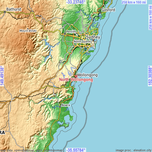 Topographic map of North Wollongong
