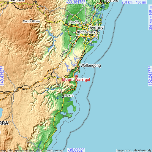 Topographic map of Mount Warrigal