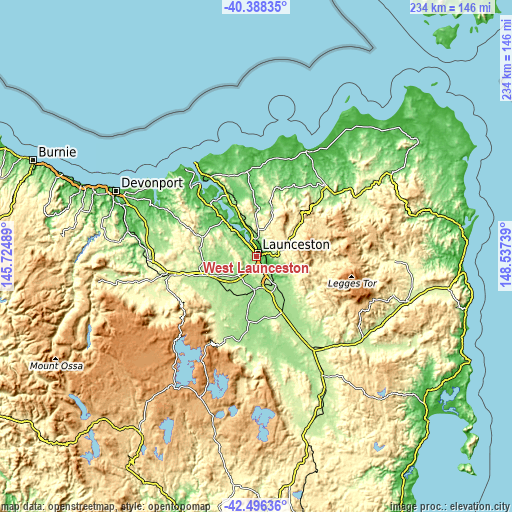 Topographic map of West Launceston