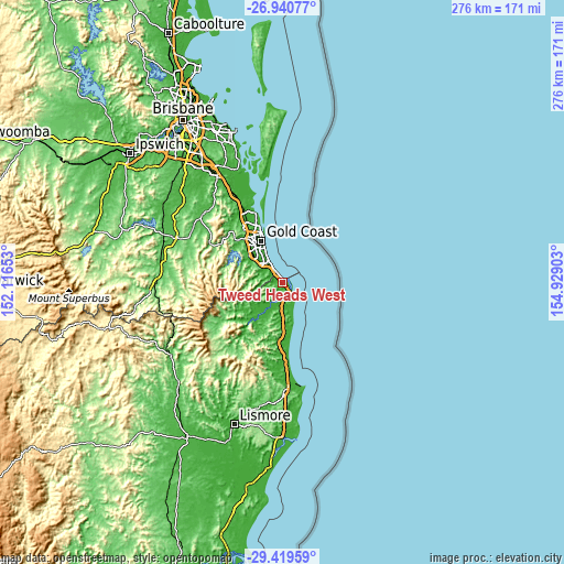 Topographic map of Tweed Heads West