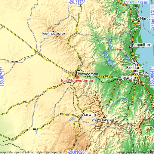 Topographic map of East Toowoomba