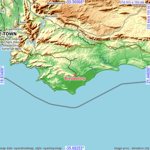 Topographic map of Bredasdorp