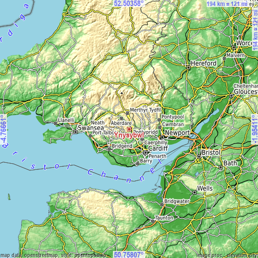 Topographic map of Ynysybwl