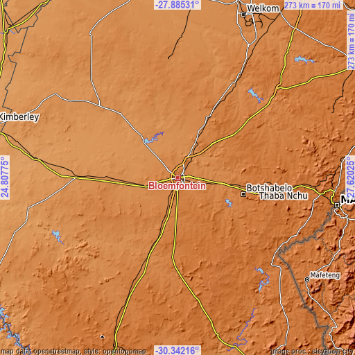 Topographic map of Bloemfontein