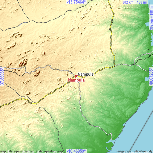 Topographic map of Nampula