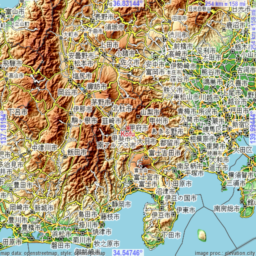 Topographic map of Kofu