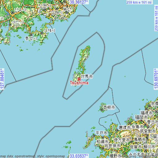 Topographic map of Tsushima