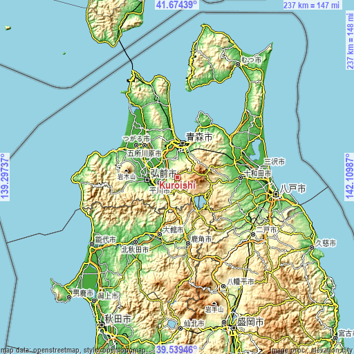Topographic map of Kuroishi