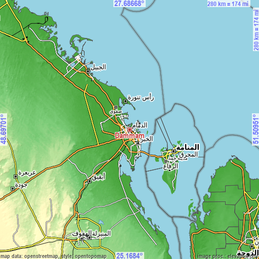 Topographic map of Dammam
