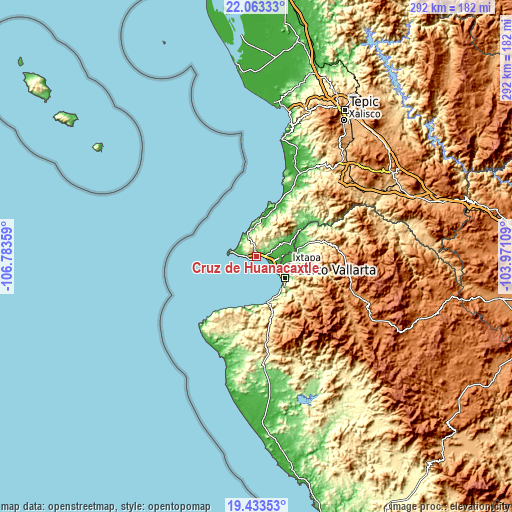 Topographic map of Cruz de Huanacaxtle