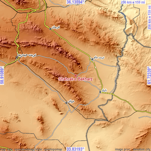 Topographic map of Shahrak-e Bākharz