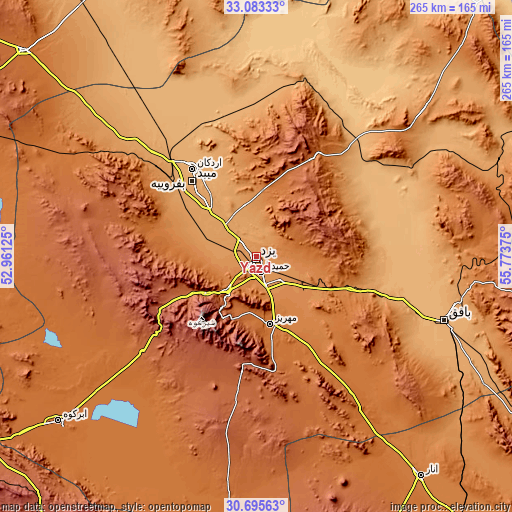 Topographic map of Yazd