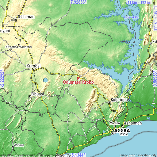 Topographic map of Odumase Krobo