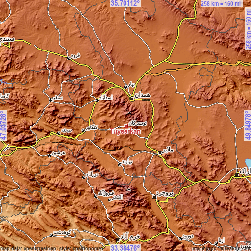 Topographic map of Tūyserkān